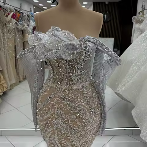 2025 Customized Champagne Off Shoulder Mermaid Evening Dress with Crystal Beads Arab Celebrity Dresses Long Sleeve Party Dress