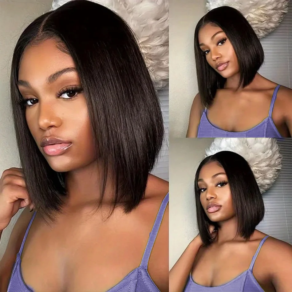 10 Zoll leimlose Bob-Perücke, Echthaar, vorgezupft, vorgeschnitten, 4 x 4 Spitzenverschluss, Bob-Perücken, Tragen und Gehen, für schwarze Frauen, Echthaar-Perücken