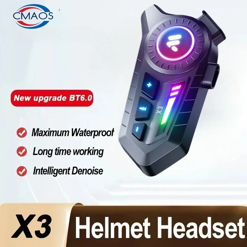 X3 Motorcycle Bluetooth 6.0 Helmet Headset Tri Colorful Lights IPX6 Waterproof Connect Two Phones At The Same Time