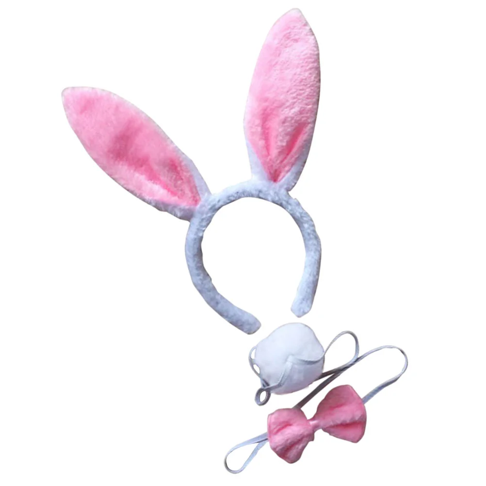 3Pcs Kids Adult Rabbit Bunny Ears Headband Bow Ties Tail Set Party Cosplay Costume (White & Pink) bunny cosplay set