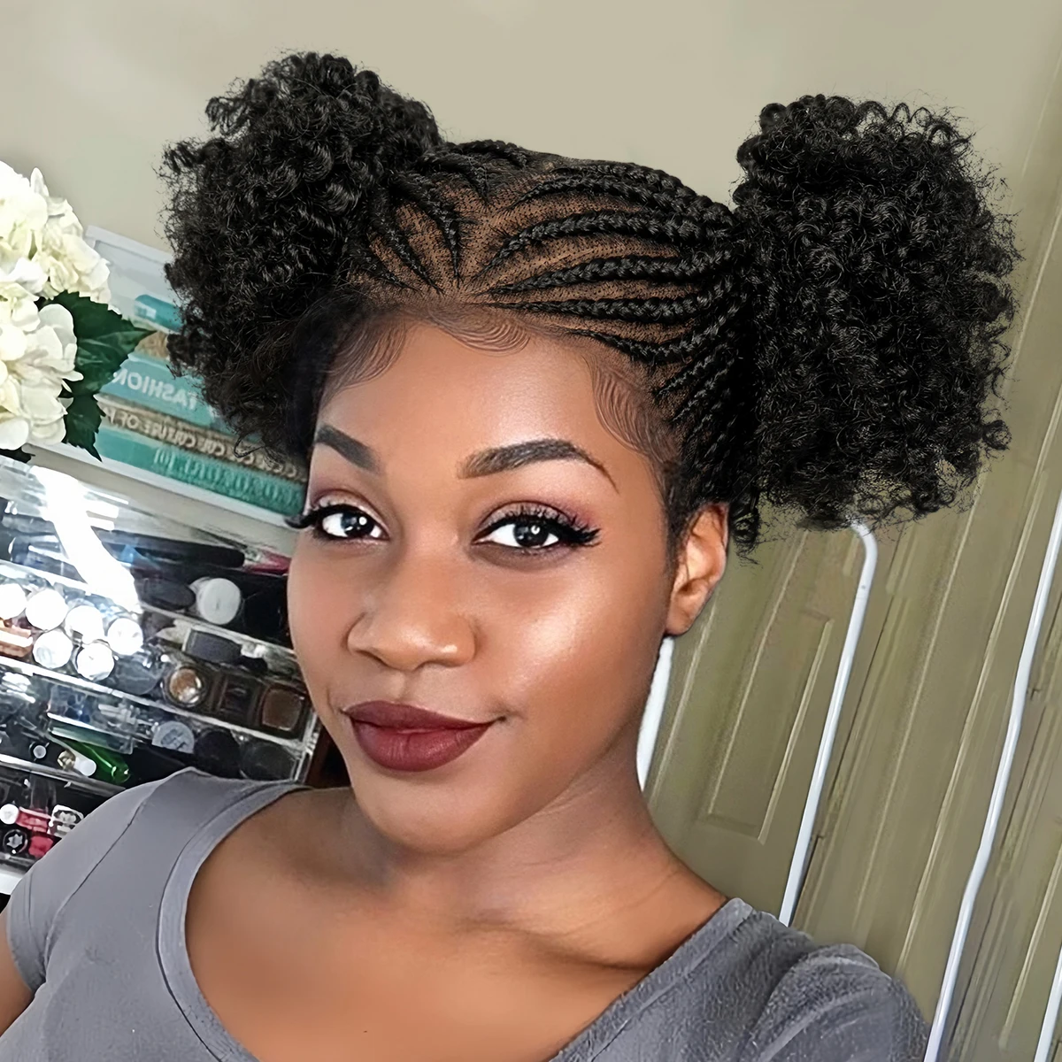 Synthetic Braided Wig with Buns Full Lace Cornrow Braids Wig for Black Women Transparent Lace Frontal Braiding Wigs 6 inches