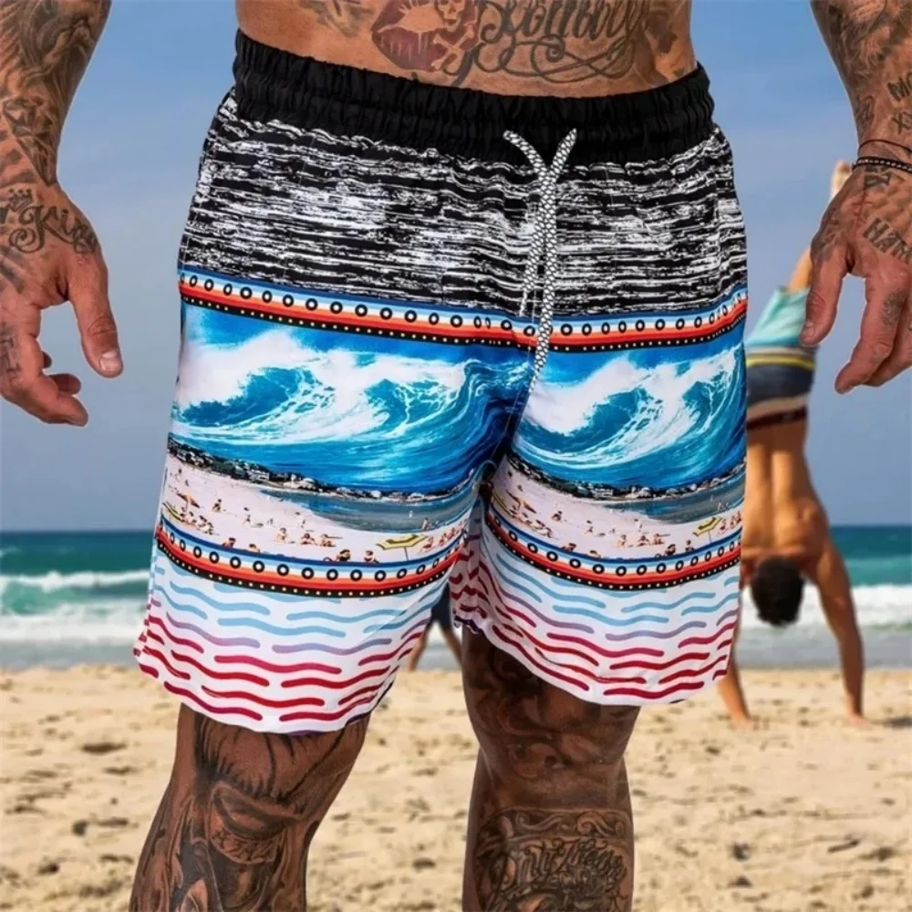 Men's Tropical Plant Print Beach Shorts Drawstring Design Casual Vacation Swim Trunks Breathable Comfortable Daily Wear Shorts