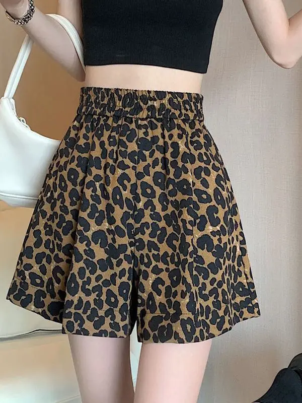 High Waist Wide Leg Short Pants Women's Summer Thin Style Leopard Print Casual Pants Small Size A-Line Hot Pants Trendy