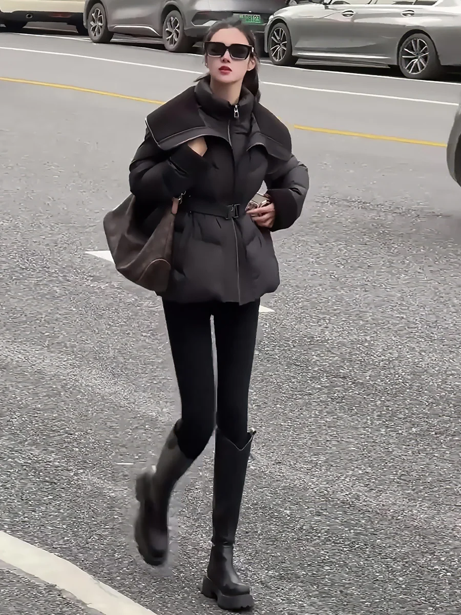 

Зимняя утепленная теплая белая пуховая куртка с поясом на талии, женская модная верхняя одежда, черная, маленький размер, с большим воротником