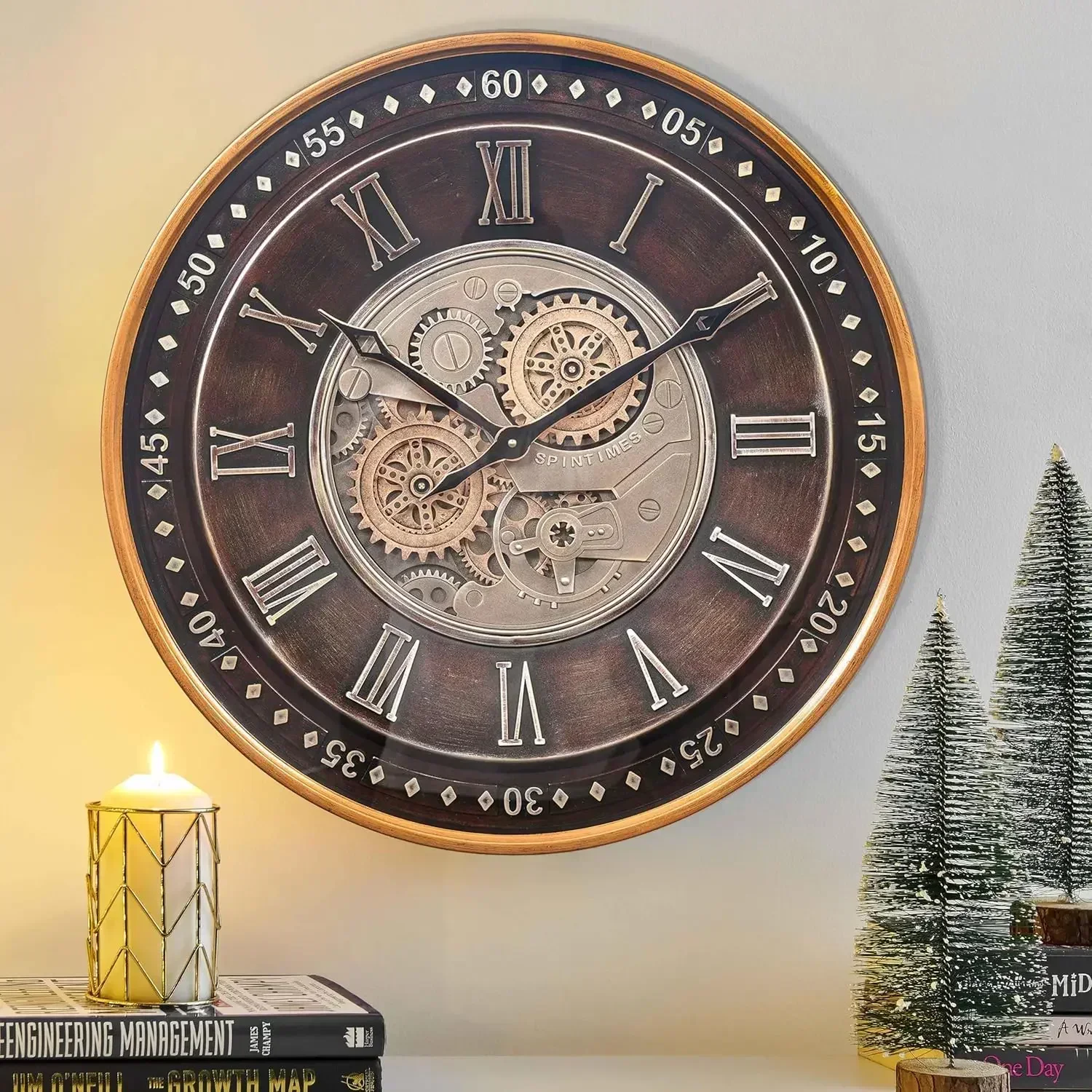 24 Inch Wall Clock with Moving Gears,Oversized Large Industrial Steampunk Clock, Antique Gold Metal Roman Numeral Wall Clocks fo