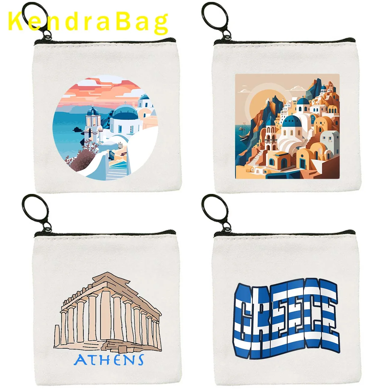 Capital Athens Greece Santorini Oia Island Love Heart Landscape Key Coin Purse Canvas Bags Pouch Cotton Bags Wallet Zipper Gifts