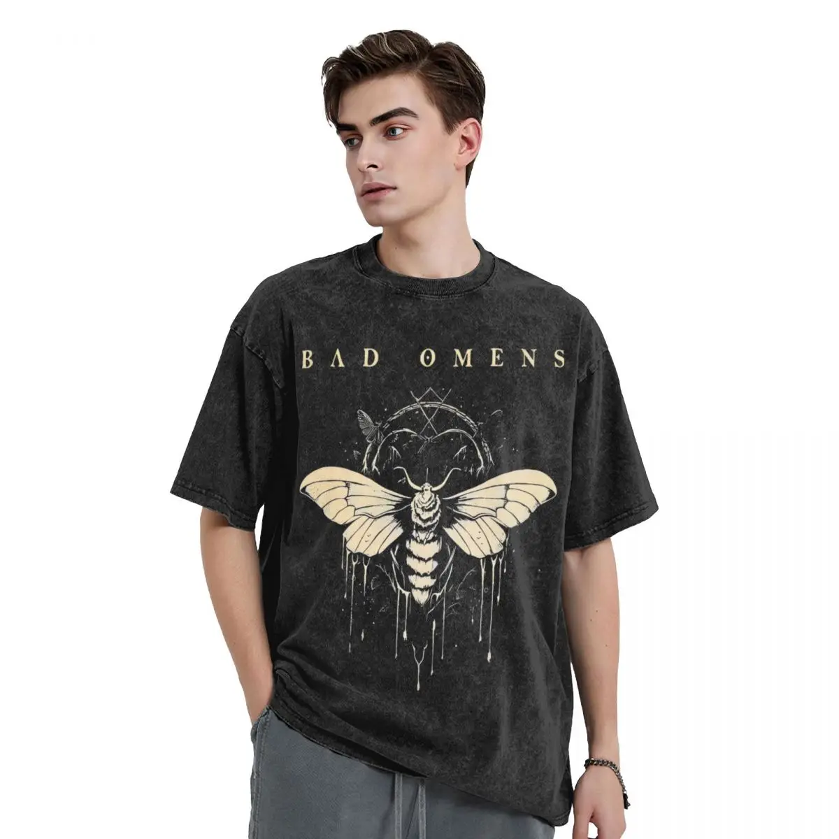 Bad Omens Moth T Shirts Hip Hop Washed 100% Cotton Harajuku T-Shirts Rock Music Vintage for Men Women Tops Streetwear Tops Tees