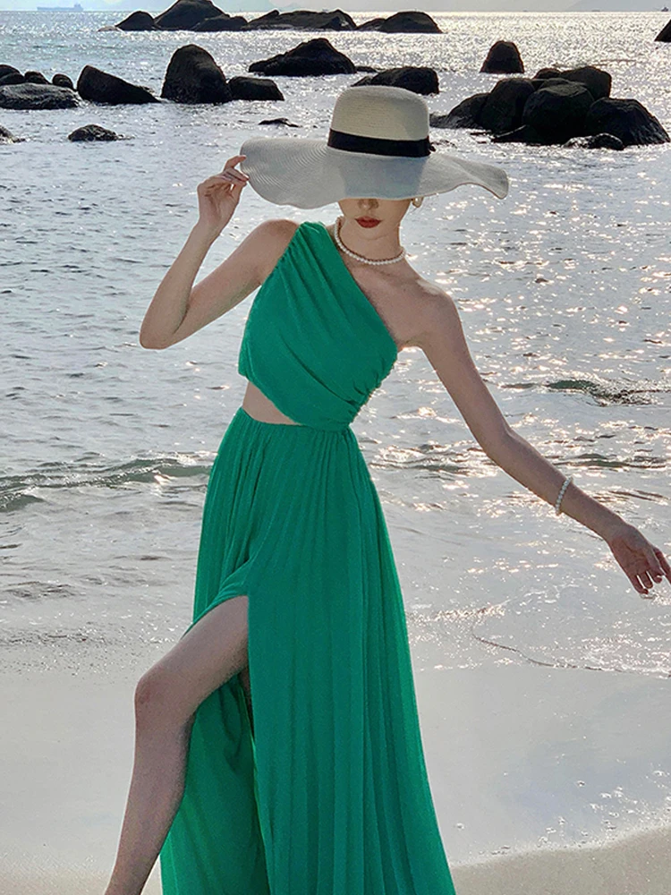 Green Elegant One Shoulder Slim Party Evening Long Dress Women Sexy Club Off Shoulder Summer Fashion High Waist Split Dress Chic