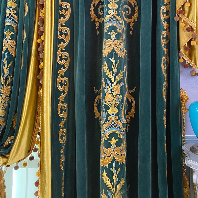 Customized High-end Palace Dark Green Embroidered Velvet Fabric with Gold Patchwork Curtains for Living Room Bedroom Villa