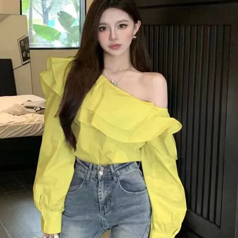 Ruffles Off Shoulder Trend Blouse Spring Summer New Solid Color Long Sleeve Temperament Short Shirt Tops Y2K Sexy Women Clothing