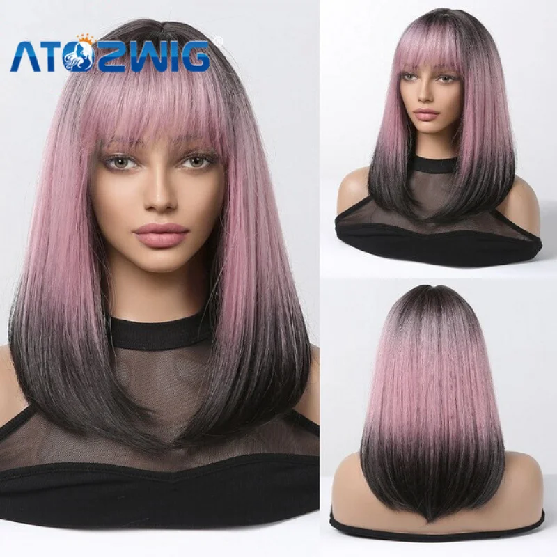 

Women Purple Pink Ombre Black Short Bob Straight Soft Synthetic Wigs With Bangs