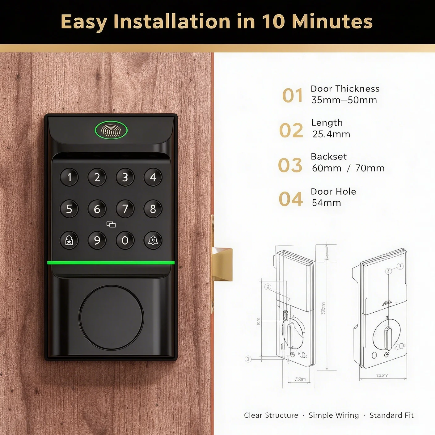 Smart Door Lock, Keyless Entry Electronic Deadbolt, Fingerprint Lock, APP Control, Compatible with Tuya, Smart Life, Smart Door Handle