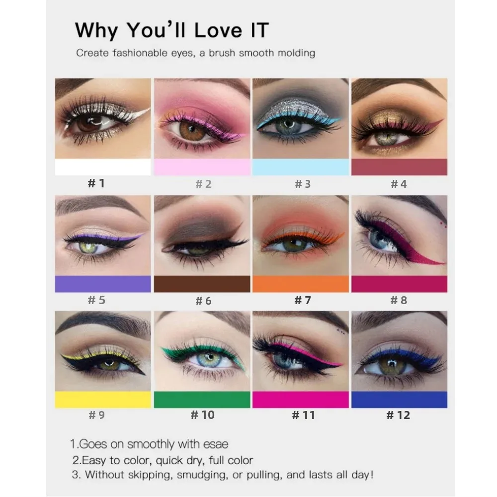 Ensemble de stylos Eyeliner colorés imperméables, fluorescents, mats, longue durée, 24 heures, pour décoration de maquillage du visage, 12 pièces