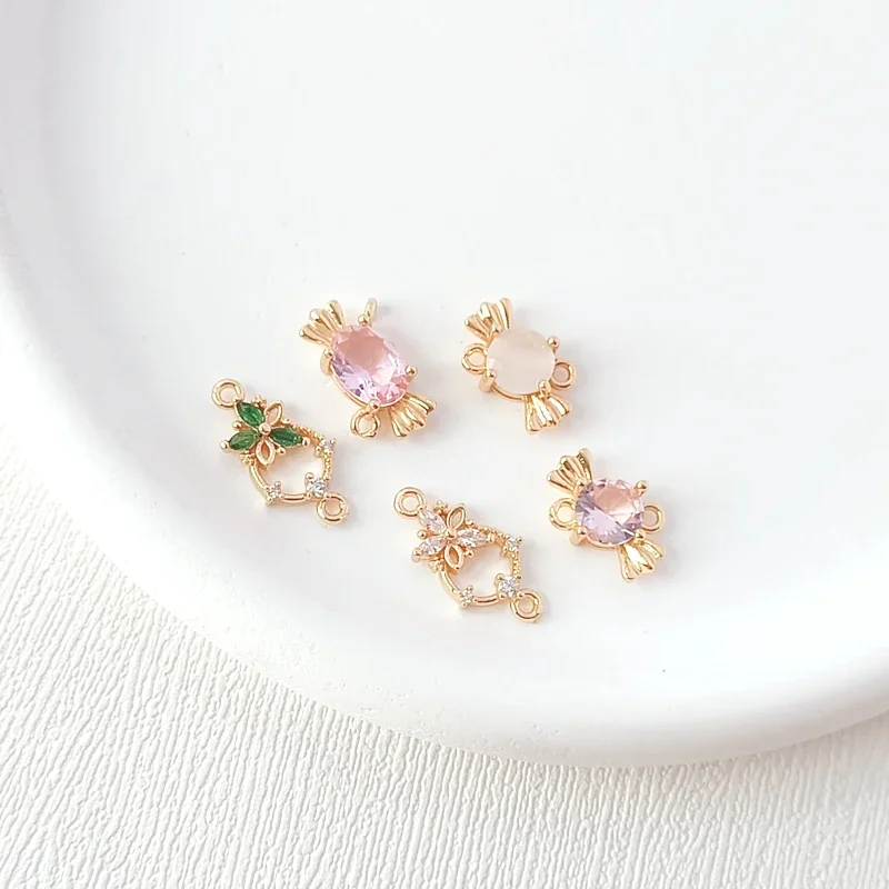3 Pieces 14K Copper Clad Gold Inlaid Zirconium Candy Five Leaf Flower Double Hanging Connection Manual DIY Pendant Accessories