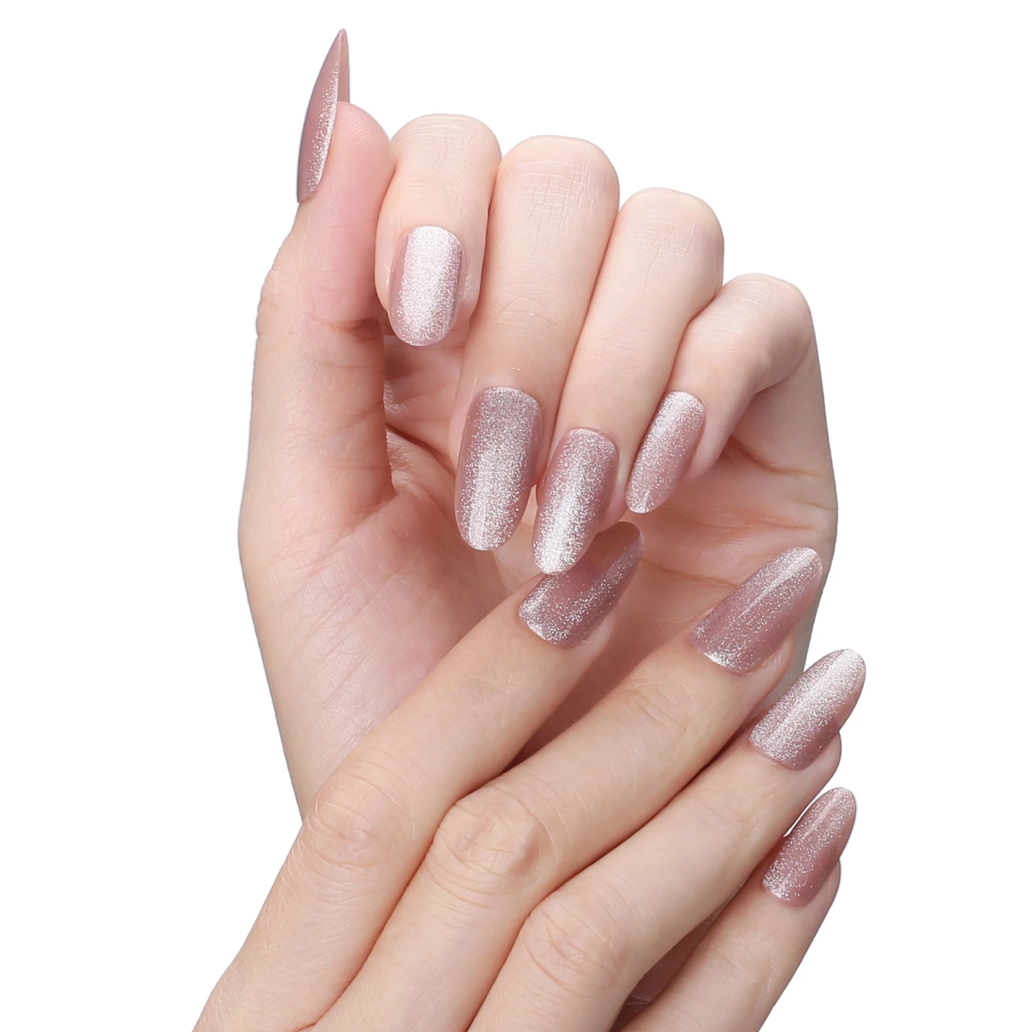 Nude Oval Cat Eye Acrylic Nails Silver colored Fake nails Almond long False nails girl decoration Press on nails