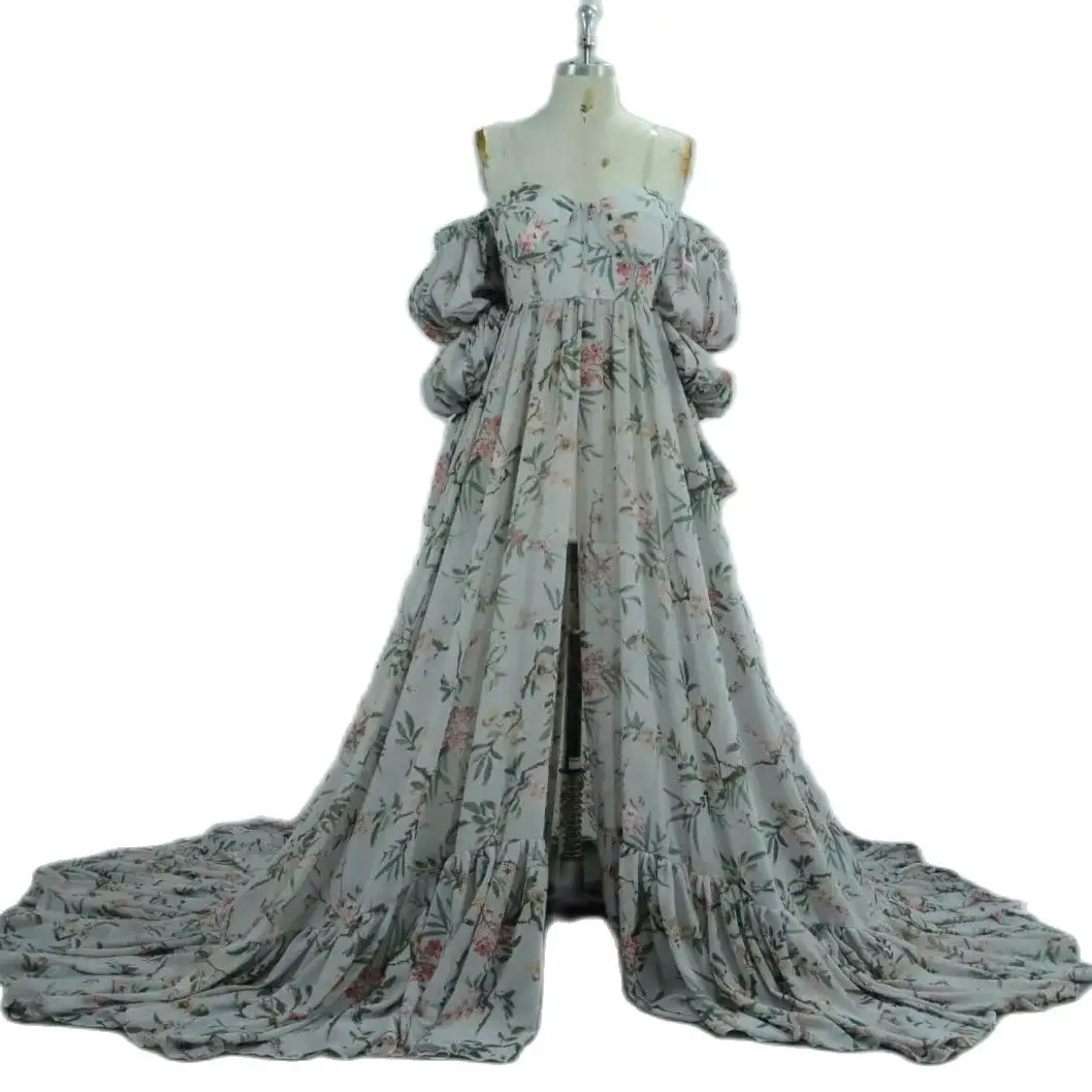 Robes de Rhimprimées Boho, robe maxi à manches longues, robe fendue sur le devant, robe de douche de bébé, robe à lacets, photo réelle