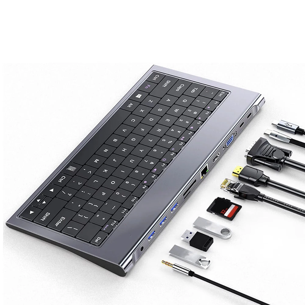 محطة إرساء USB C للوحة المفاتيح 11 في 1 مع 100 وات PD، 4K، VGA، إيثرنت، قارئ بطاقات، USB 3.0، Aux USB C HUB لأجهزة الكمبيوتر المحمول