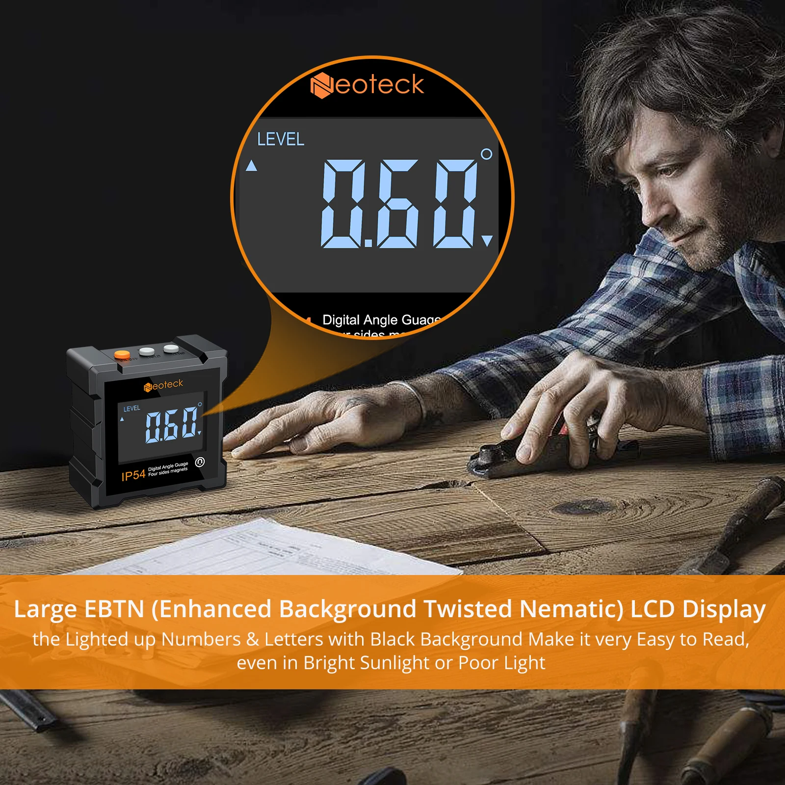 Neoteck 0-360° Digital Inclinometer Angle Gauge Protractor Finder Bevel Level Box LCD Backlight with 4 Magnetic Based Facets