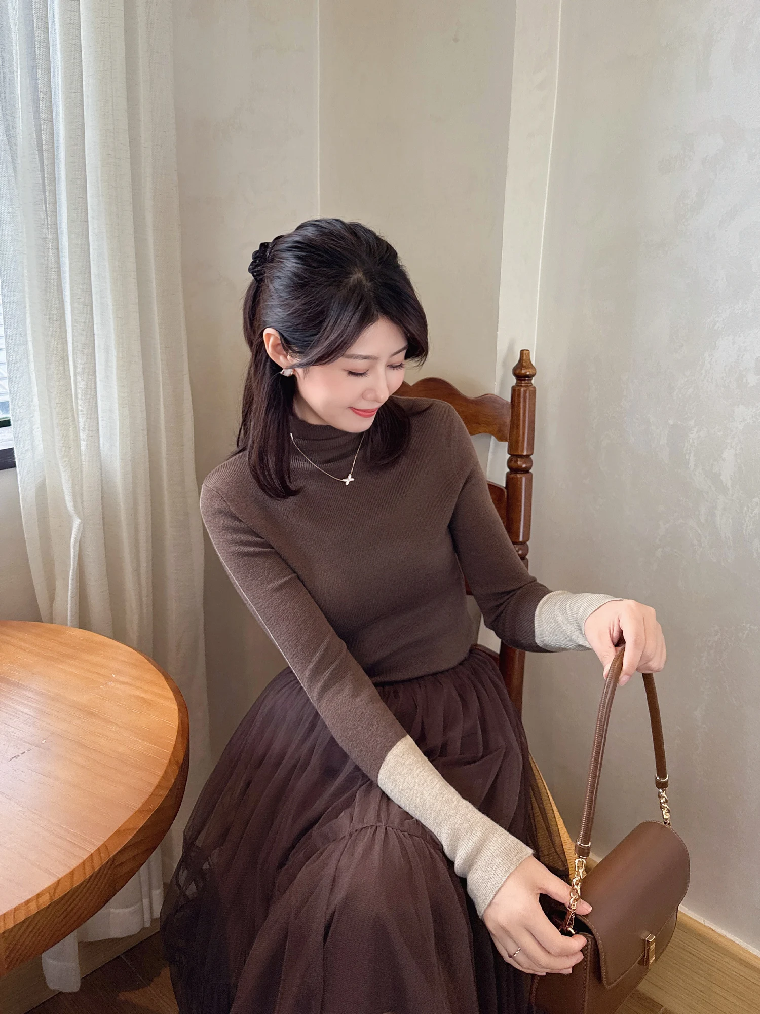 

Zillal Soft Style Long Sleeve Knitted Sweater Women's Slim Fit Base Layer Top Coffee Design Winter Warm Inner Wear Top