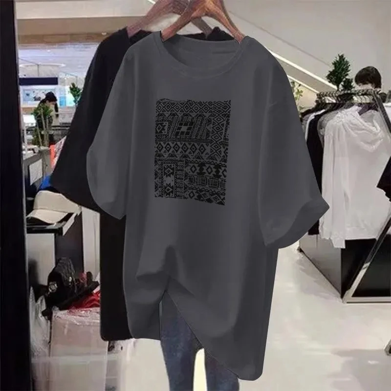 Plus Size 5XL 150KG Women Summer T shirt Cartoon O Neck Short Sleeve Tees Loose Oversized Black Tops