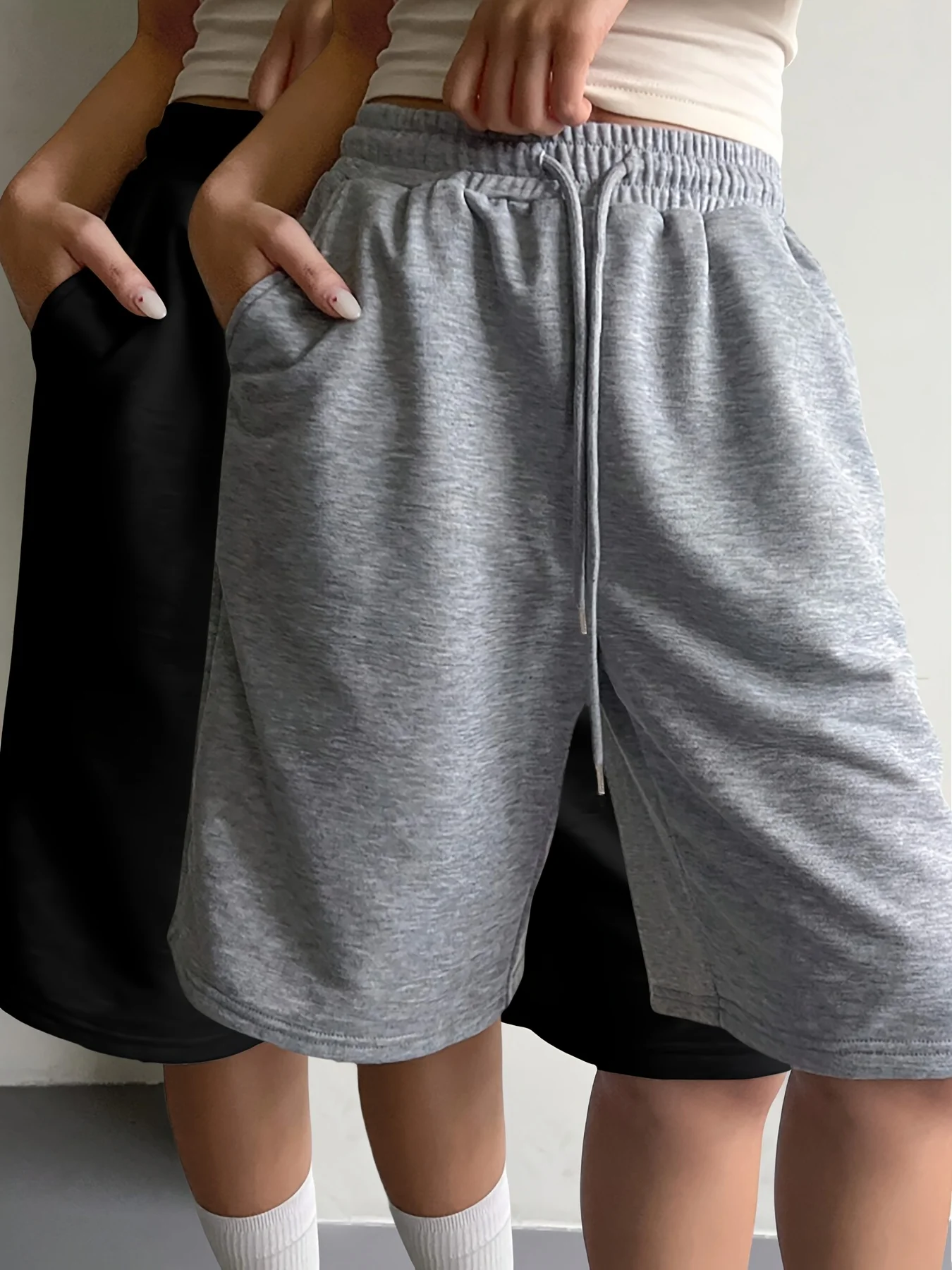 Casual Sports Shorts with Elastic Waistband, Wide Leg Shorts, Straight Leg Five Inch Shorts, Loose Drawstring Shorts