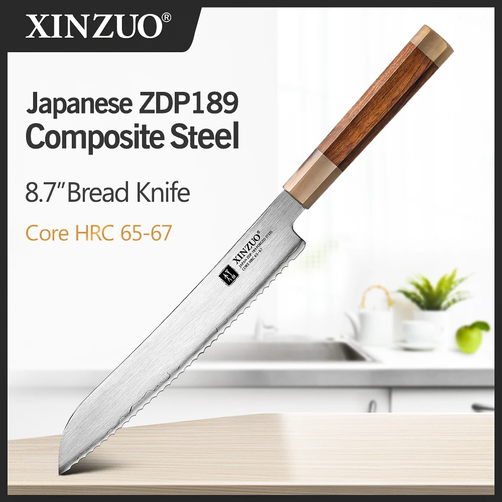 

XINZUO 8.7 inch Serrated Bread Knife Japanese ZDP-189 Power Steel Cutlery Baguette Specialt Toast Slicing Knife for Baking Tool