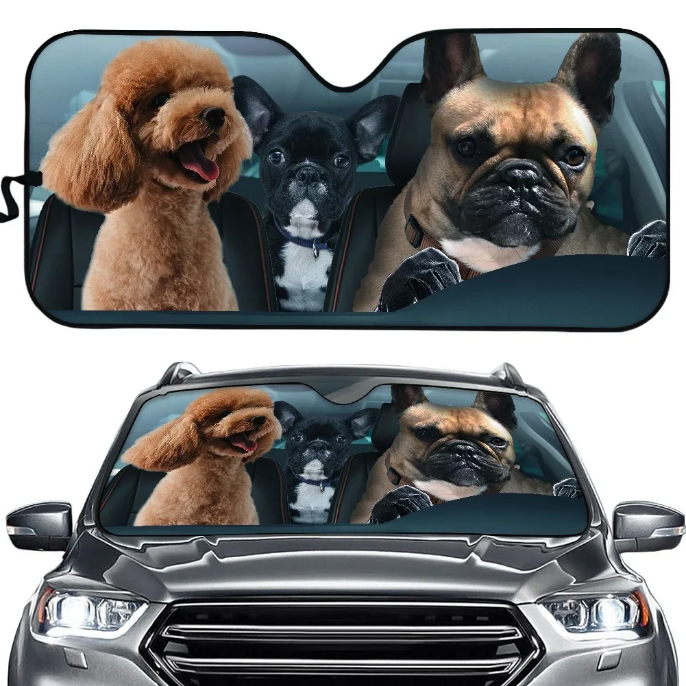 Lovely Puppy Dog Prints Foldable Front Windshield Sunshade Teddy and Pug Universal Fit Heat Reflector Front Window Car Sun Shade