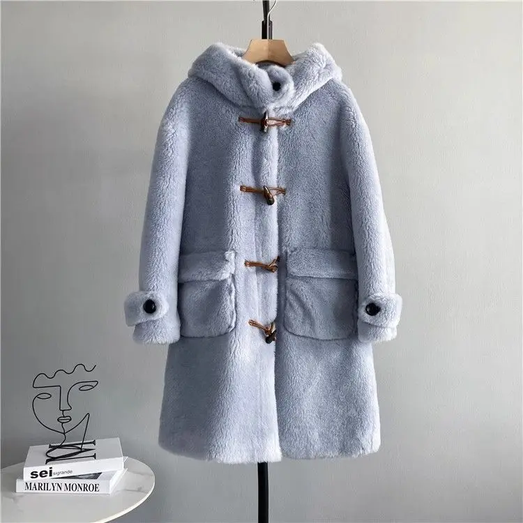 

Новое зимнее женское меховое пальто, свободное пальто с капюшоном и пуговицами из коровьего рога