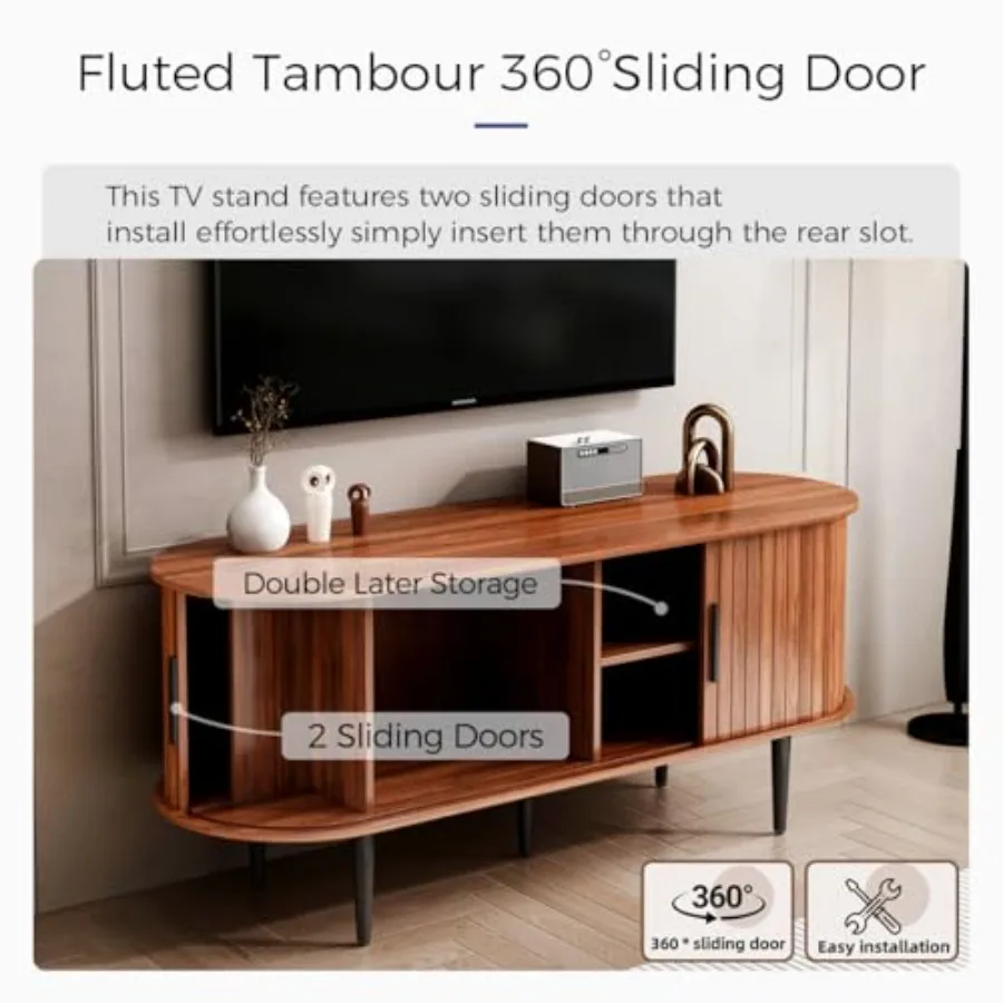 حامل تلفزيون مخدد مع باب منزلق ومركز ترفيه حديث مع خزانة تخزين وأدراج لغرفة المعيشة في منتصف القرن #4