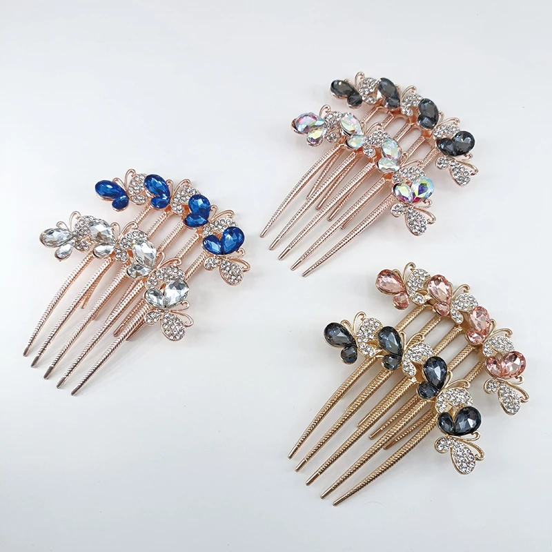 Headdress Women Fashion Luxury Simple Alloy Accessories Harajuku Vintage Boutique 5-tooth Rhinestone Butterfly Metal Hair Comb