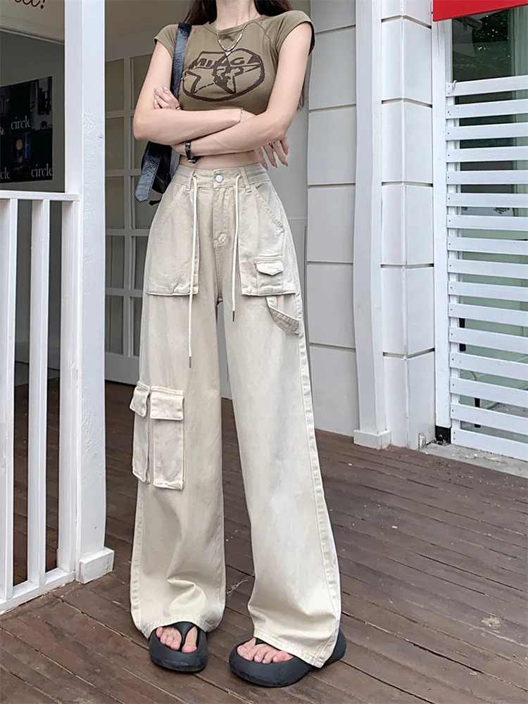 Pink Cargo Jeans Women 2023 New Fashion Vintage Streetwear Straight Pocket White Wide Leg Pants Full Length Mom Jeans