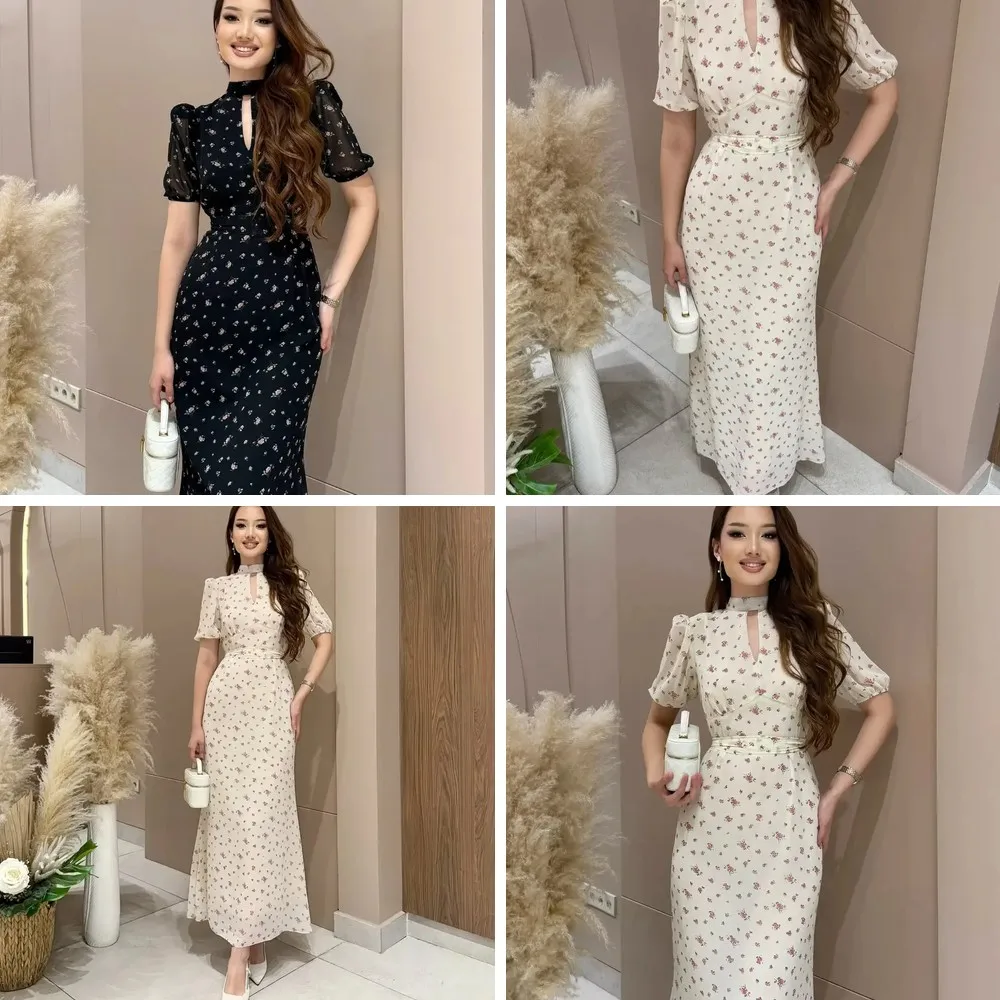 

Elegant Flirt Fishtail Maxi Dress with Puff Sleeve, High Waist Slim Fit Floral Printed Dress for Women