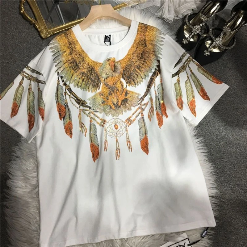 

Plus Size Loose Fit T-Shirt for Big Women Rhinestone Eagle Design Double Sided Shiny Couple Short Sleeve Trendy