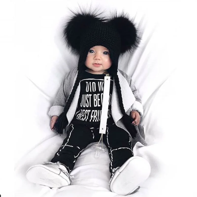 Toddler Baby Knitted Pullover Cap Exaggerated Personality 2 Raccoon Fur Ball Braided Hat Big Ball Winter Children's Beanie Hat