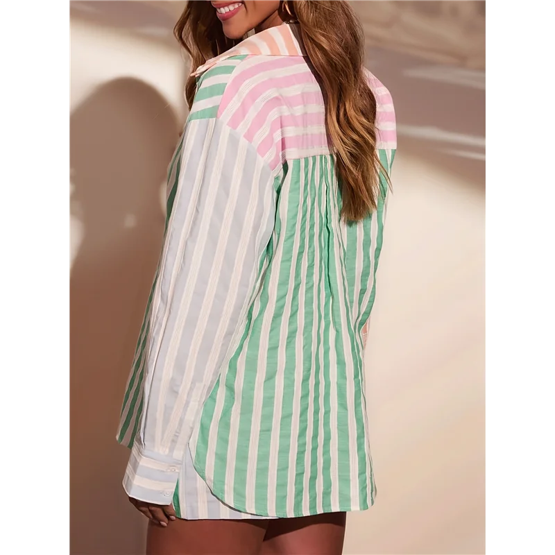 CYL-レディース カジュアル セットアップ ストライプ 長袖シャツとゆったりハイウエストミニショートパンツセット ピンク グリーン M