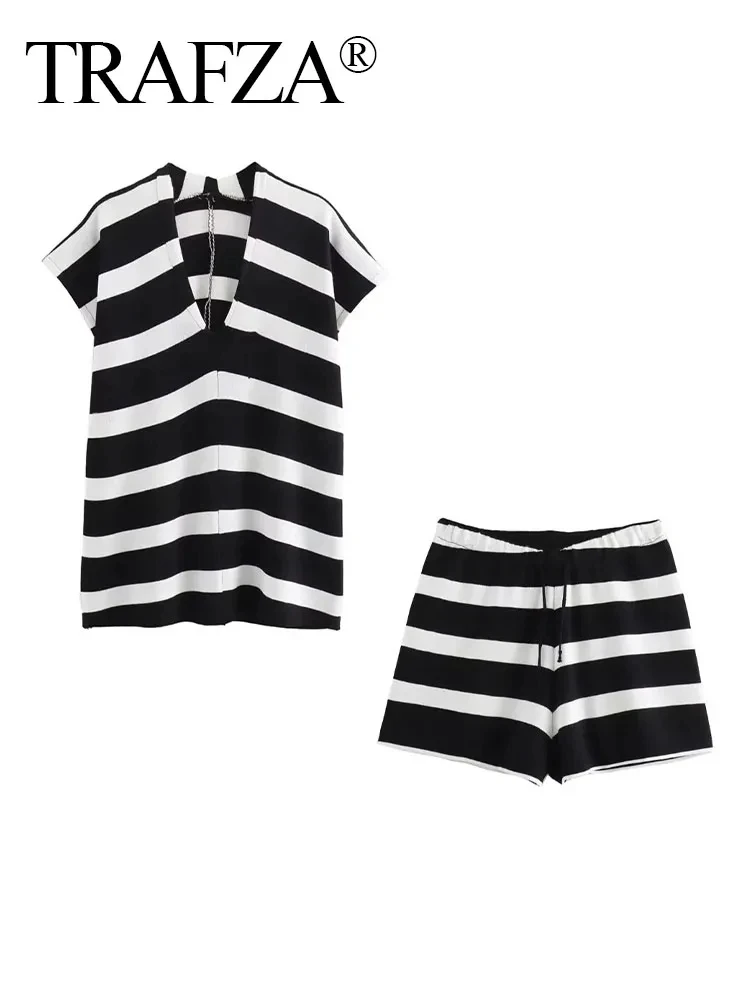 TRAFZA Women Summer 2 Piece Set Stripe Short Sleeves V-Neck Loose Casual Top+Elegant Chic Slim Drawstring High Waist Shorts