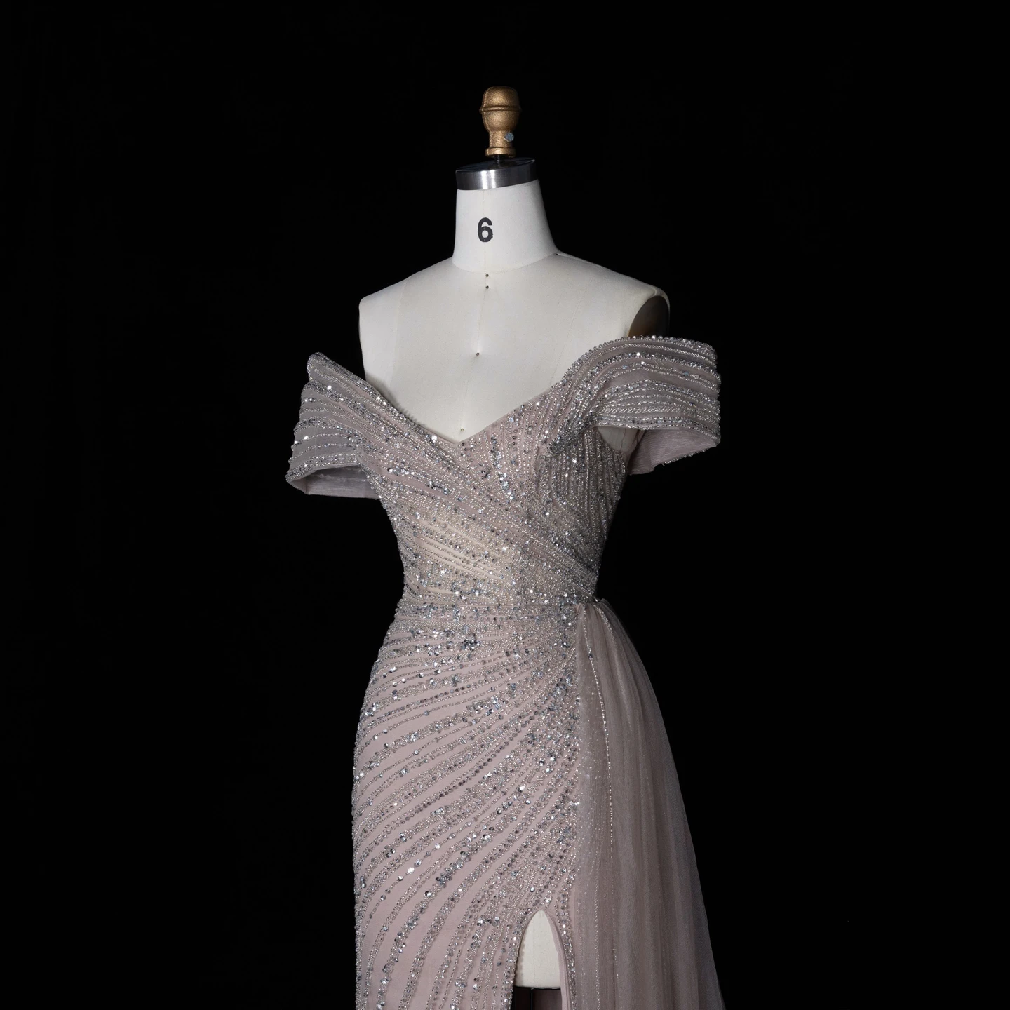 Sharon Said Dubai 2026 Luxuriöses, stark perlenbesticktes, schulterfreies Abendkleid in Champagner für Damen, Ballkleid, formelle Partykleider SS007 Maßanfertigung – Detail 6