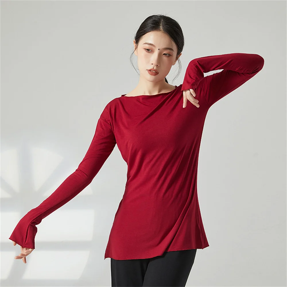 Women Loose Yoga Shirt Girls Modern Dance Top Long Sleeve Breathable Spring Autumn Fitness Spor Elastic Classical Dance T-Shirt - Image 3