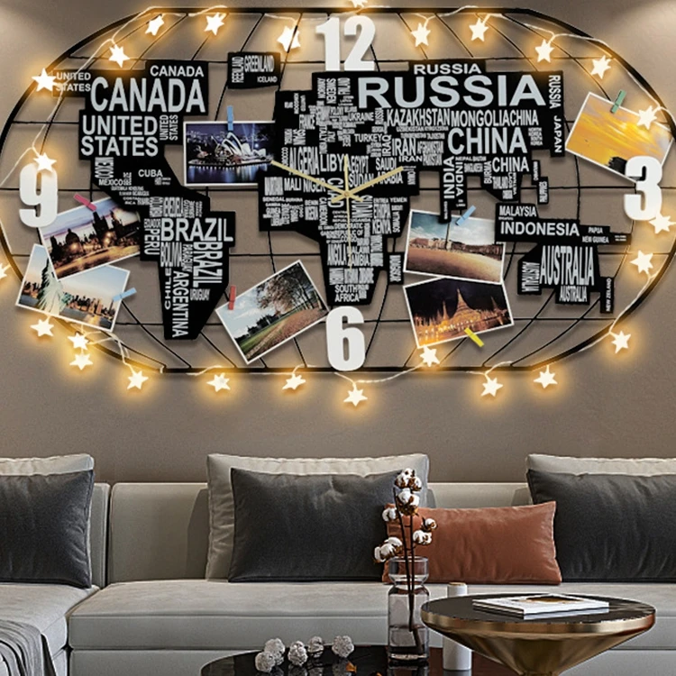 Creative world map clock living room home decoration large iron wall clock