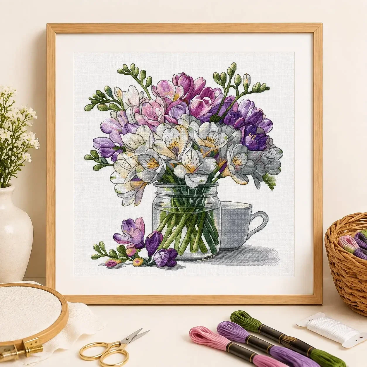 [CC6123-Xiangxuelan Bottle Flower]Stamped Cross Stitch Kit for Adults and Kids, Easy Pre-Printed Canvas with Cotton Threads and