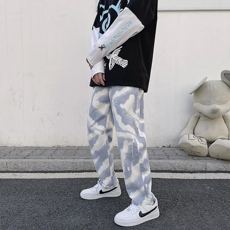 

2023 New style spring and e spring andutumn Tie-Dye Sports Men's Casual Hip-Hop High Street Elastic Waist Trendy Wide-Leg Jeans