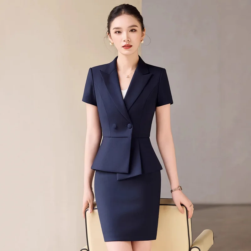 Gray short-sleeved suit for women, summer professional attire, high-end elegant hotel manager formal wear, jewelry store work un