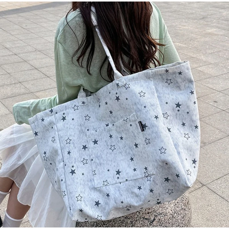 Koreanische Tragetasche mit Sterndruck, Damen-Shopper-Schultertasche, geräumige Handtasche für den täglichen Gebrauch, einfarbig, vielseitig, minimalistisch – Detail 33