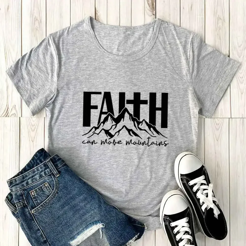 Faith Can Move Mountains T Shirt Women Cotton Motivational T Shirt Bible Christian Clothing Female O Neck Clothing Graphic Tee