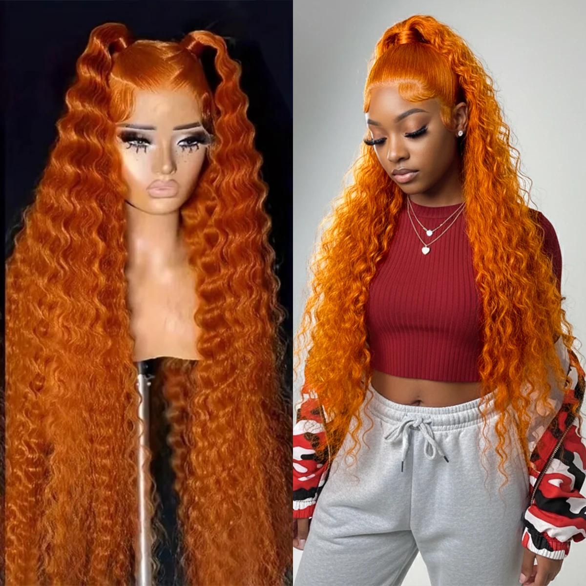 

36-дюймовый парик с глубокой волной, имбирно-оранжевый, с кружевной передней частью 13x6 и 13x4 # Цветной парик из бразильских натуральных волос с HD-кружевной основой, предварительно проработанный, кудрявый, 350 градусов завитка