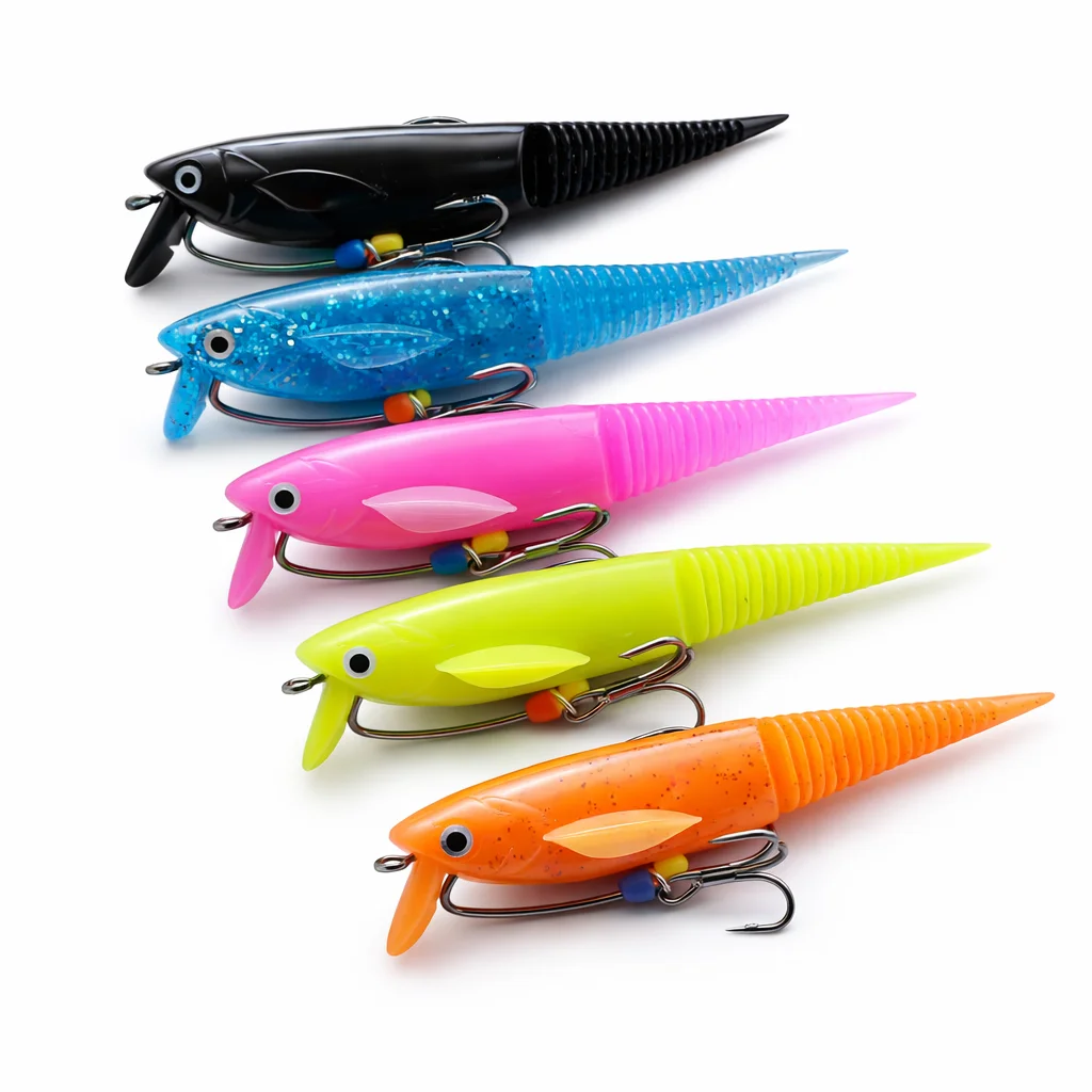 Isca Macia de 9cm com Barbatanas Ajustáveis, Cauda Segmentada em Agulha, TPE de Alta Elasticidade, Durável para Pesca de Robalo, Truta, Água Salgada e Doce