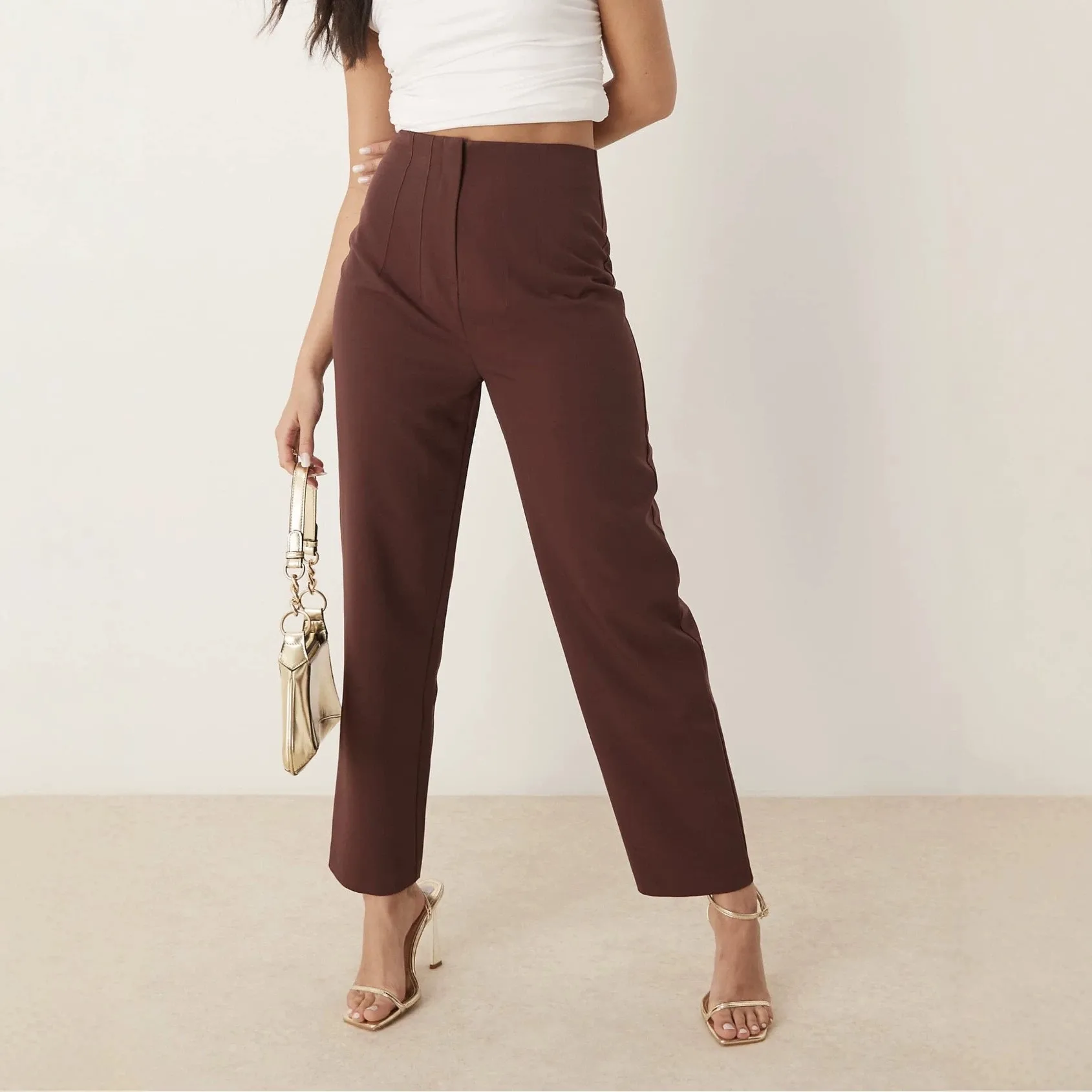 Casual High Waist Slim Fit Pants with Commuter Chic Regular Thickness Slight Stretch Autumn Cropped Pleated Crinkled Women Pants