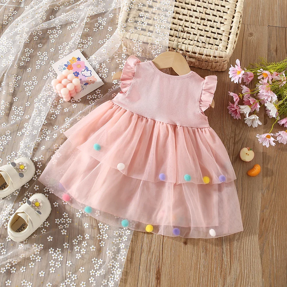 Summer Bow and Mesh Patchwork Girl\'S Dress Colorful Small Ball Korean Version Small Flying Sleeve Princess Dress for Kids Girl