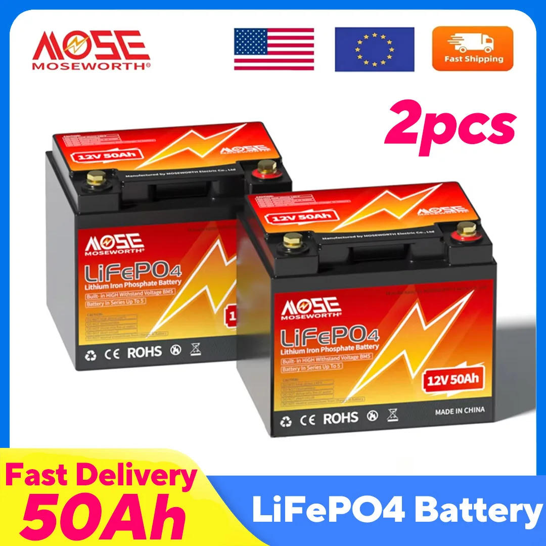 Image of 2 Stück 12 V 50 Ah LiFePO4-Lithiumbatterie Deep Cycle Eingebaute 50 A BMS-Akkus für Trolling-Motor RV Off-Grid Solar