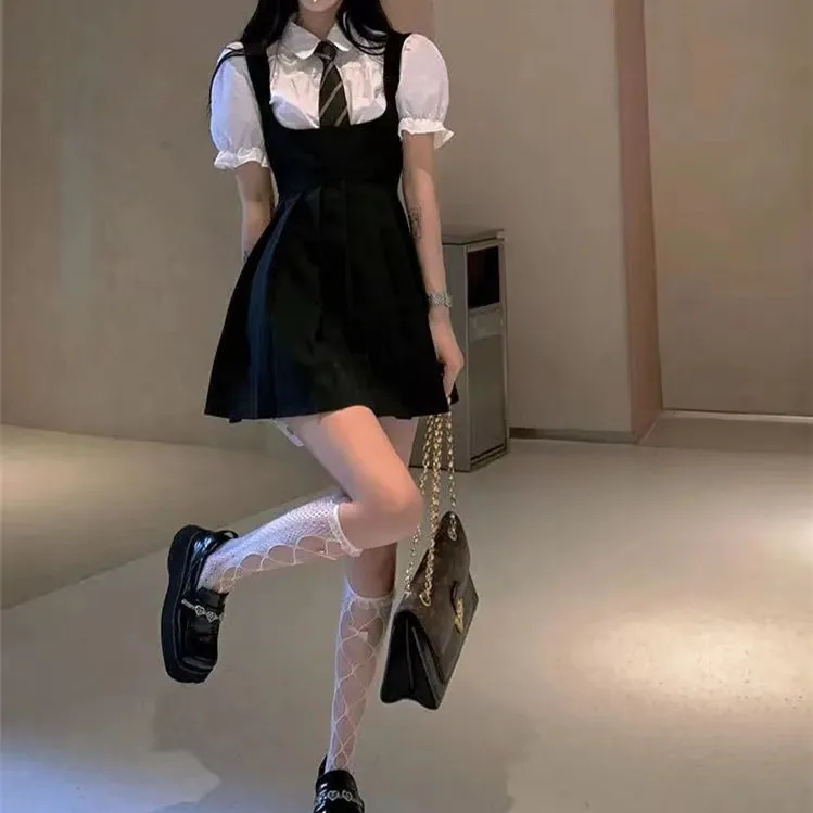 Frauen Kleid JK Uniform Sommer Riemen Falten rock Blase Ärmel Hemd zweiteilig Set japanischen koreanischen Stil Schuluniform Outfits